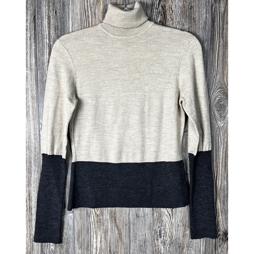 Vtg Gene Meyer Turtle Neck Sweater XS Wool Blend Beige/Black Career Minimalist‎
